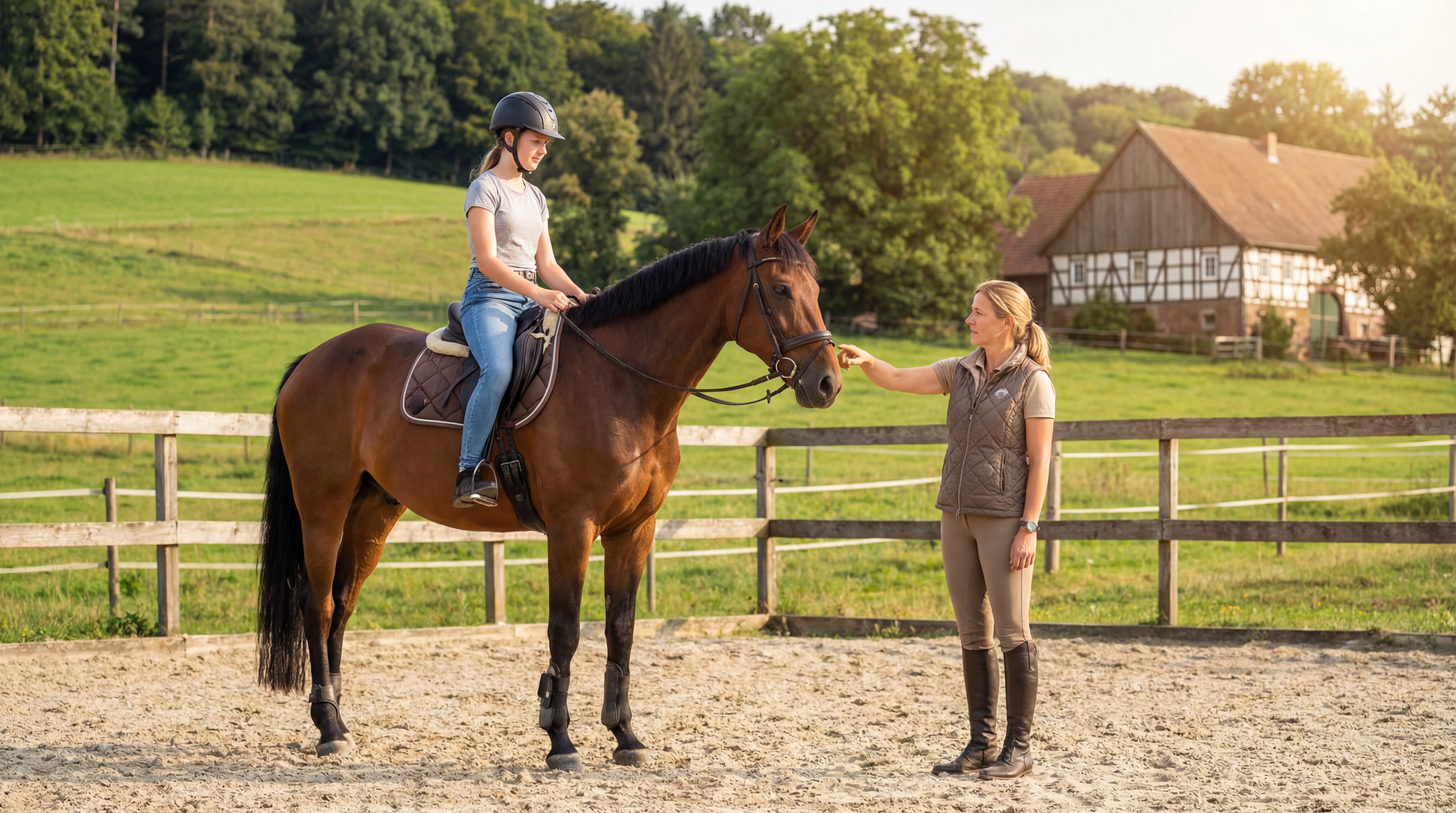 Anfängerin im Reitunterricht auf dem Reitplatz