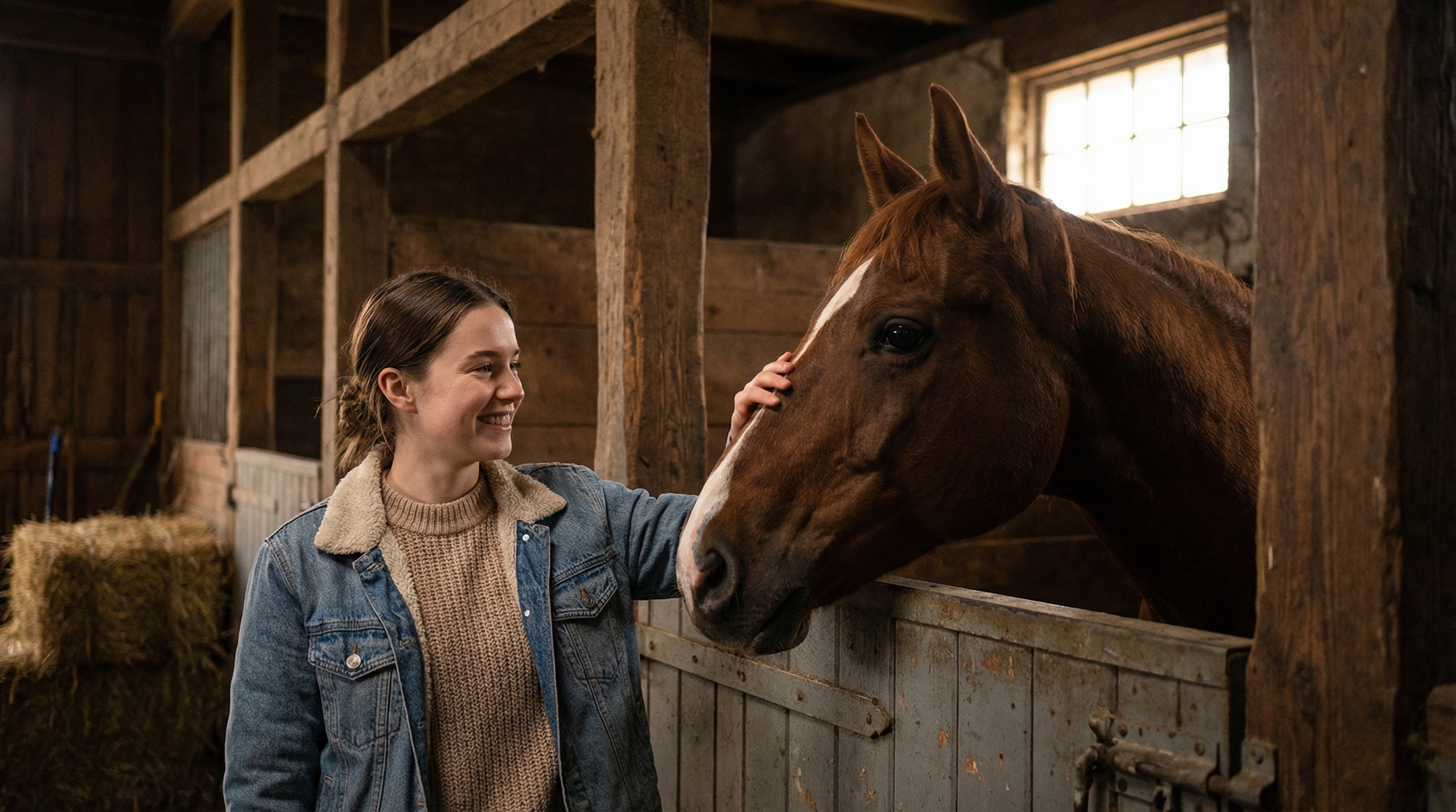 Junge Frau streichelt ein Pferd am Stall — erste Begegnung