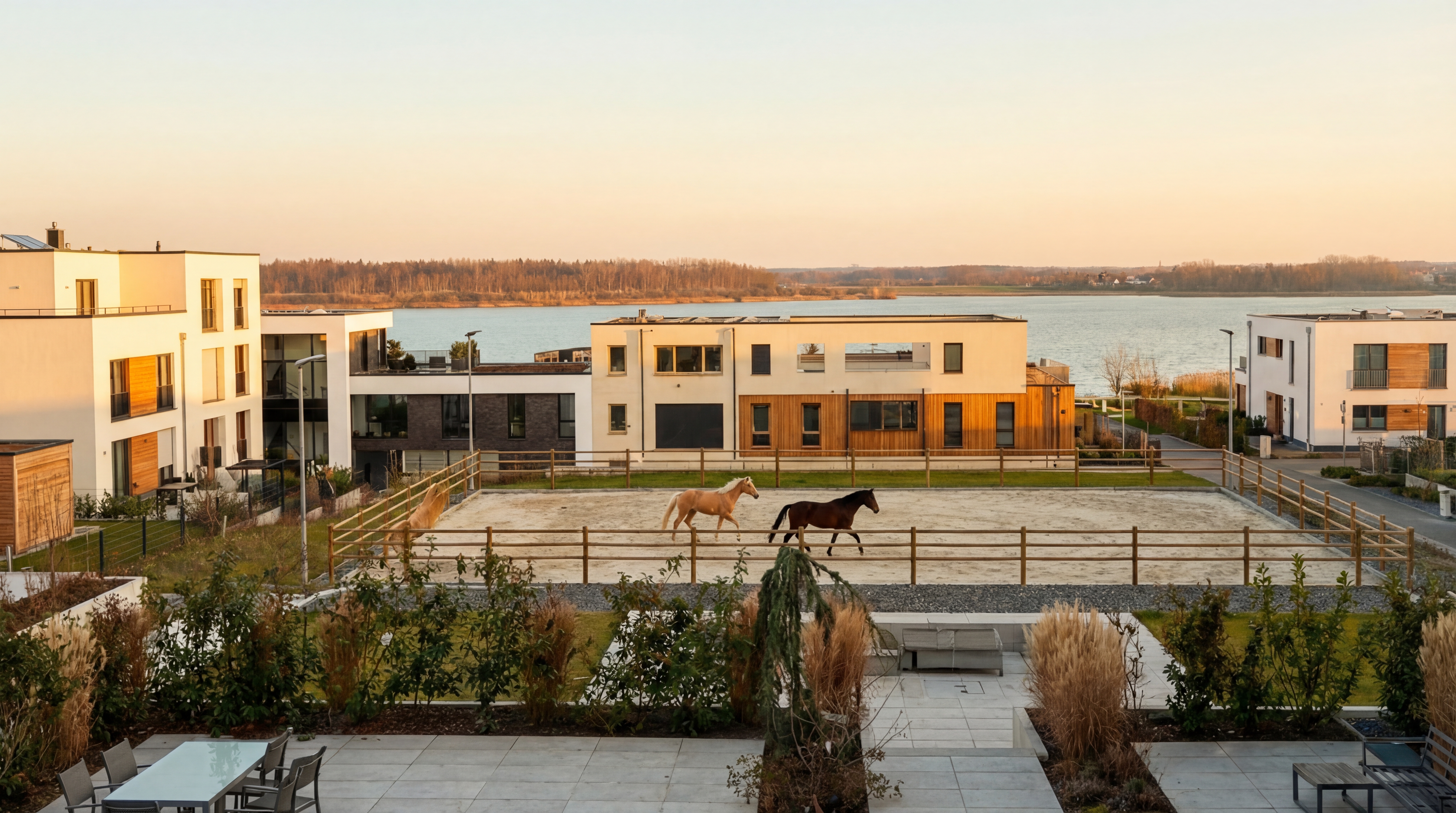 Reiterhof Mandy Kolatka — Panorama mit Reitplatz und Zwenkauer See bei Sonnenuntergang